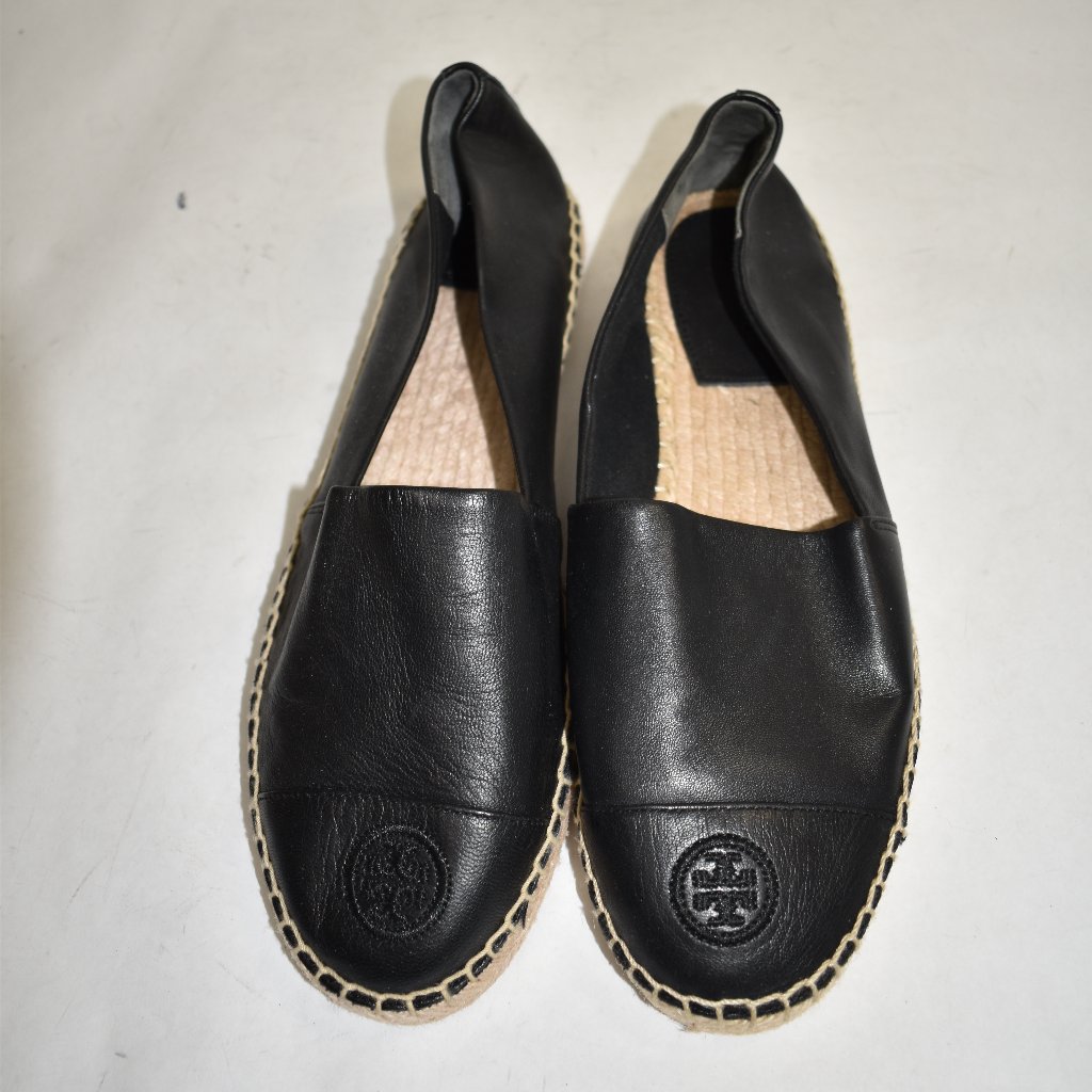 $270 Tory Burch Black Leather Logo Cap Toe Espadrille Flat Mix Match Size 9 & 10
